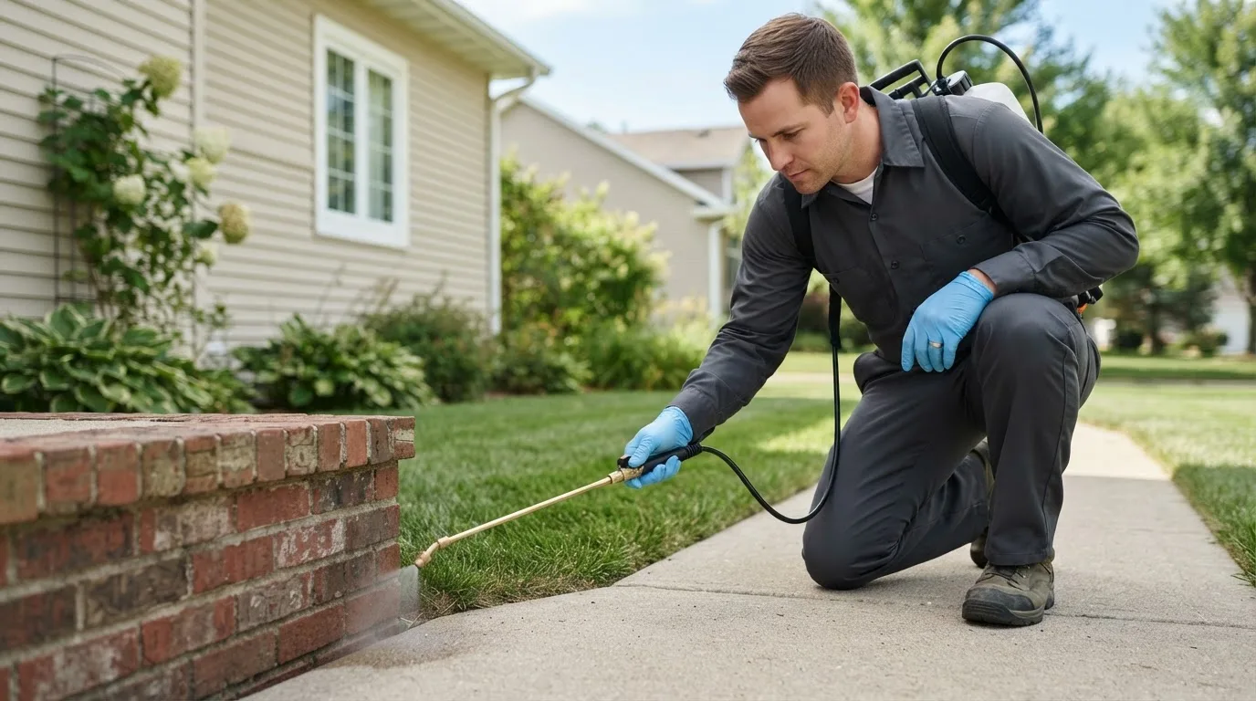 Pest control technician treating a home near Cushing, MN
