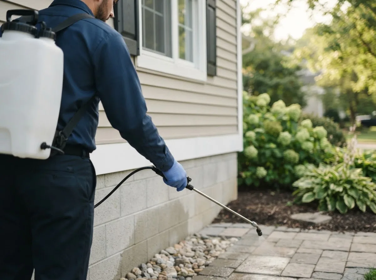 Pest control technician inspecting a home in Cushing, MN